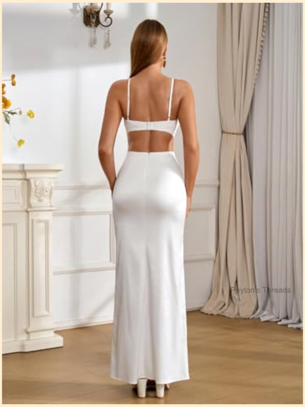 Satin Spaghetti Strap Maxi Dress Lace Cowl Neck Backless Bodycon Cocktail - Picture 3 of 5